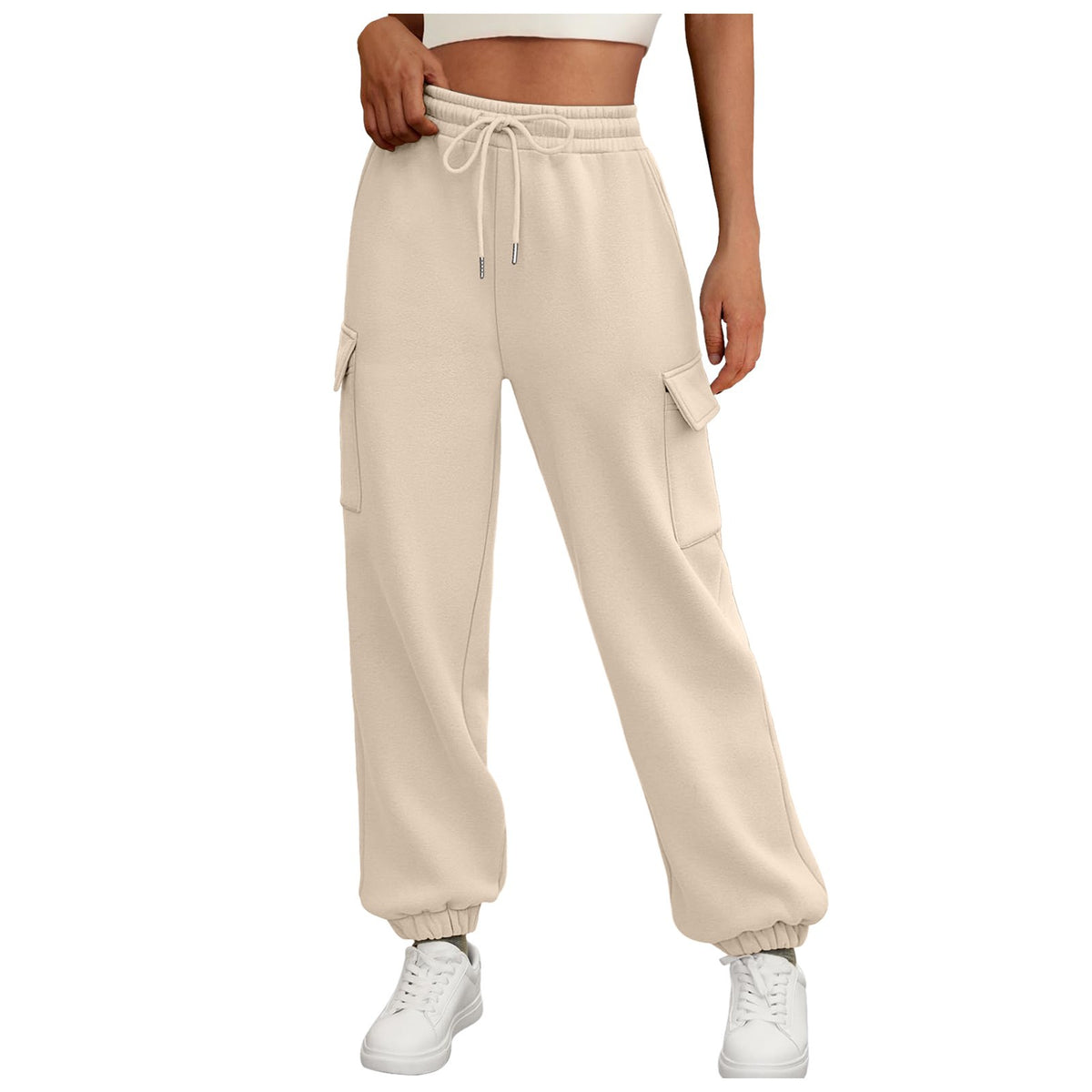 Women’s baggy cargo jogger sweatpants with drawstring waist, side pockets, beige