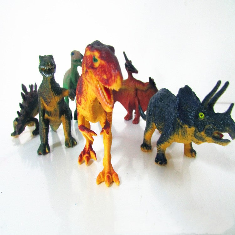 Dinosaur model toy set with five figures, including a roaring red-orange dinosaur in front