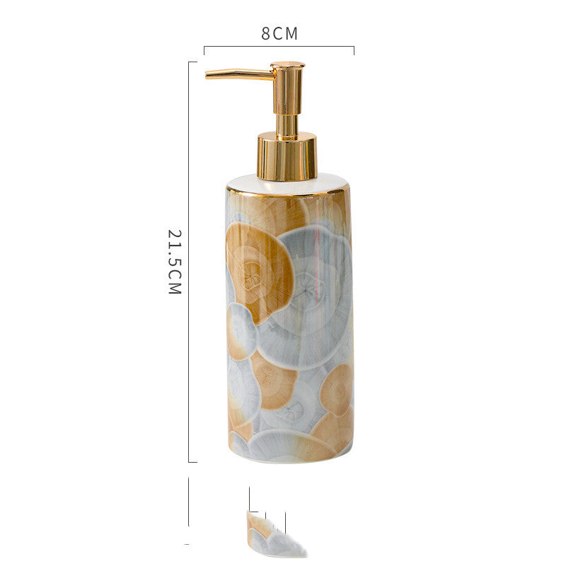 Cream and beige floral marble ceramic lotion soap dispenser bottle with gold pump, 21.5 cm tall