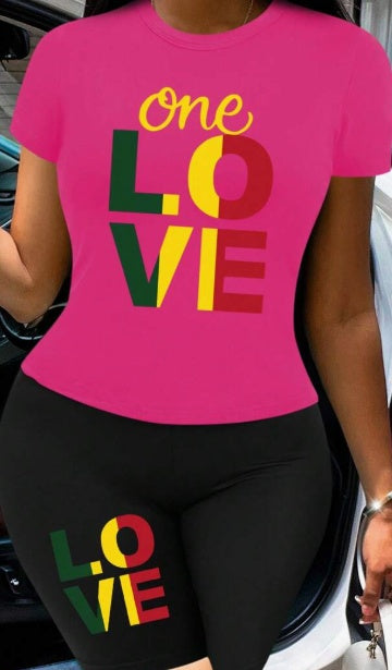 Women's pink LOVE graphic tee with cursive one plus black shorts lounge set
