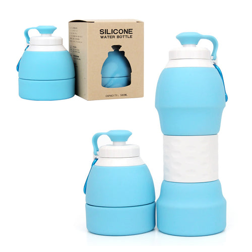 Blue collapsible silicone water bottle set with foldable body, lid, and handle loop
