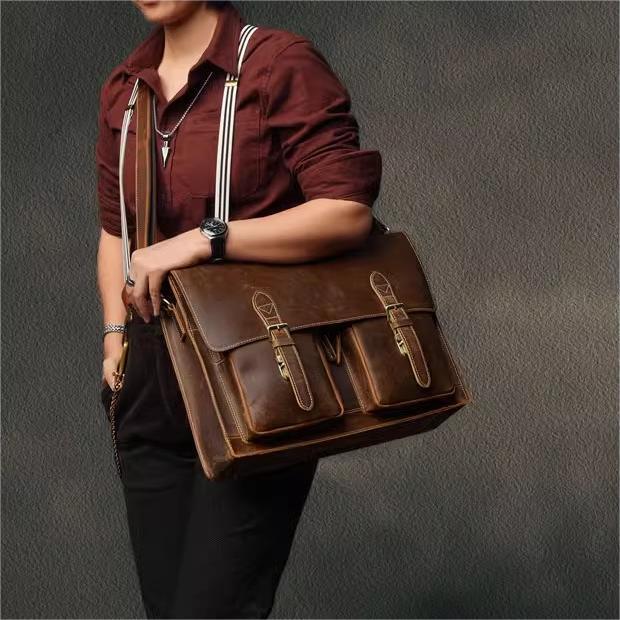 Genuine Cowhide Leather Crossbody Computer Bag Business Travel Anti Theft Wear Resistant In Black Coffee And Dark Brown