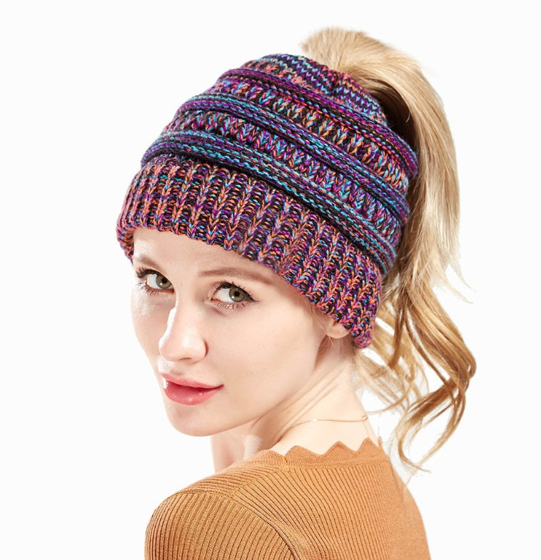 Mixed Color Knitted Wool Beanie - Ladies Ponytail Hat
