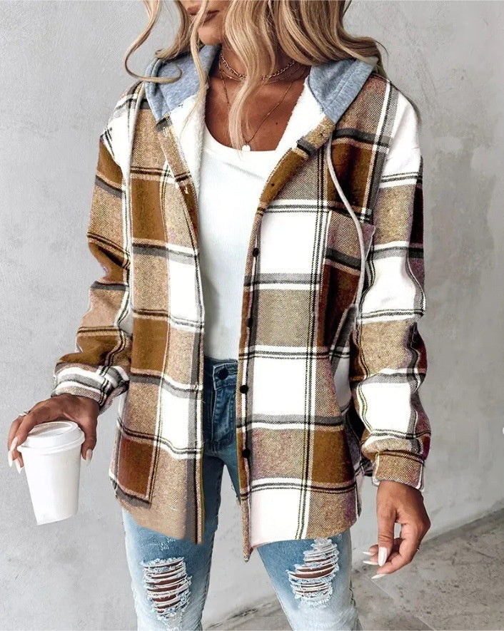Women’s plaid hooded jacket, tan and white plaid with button front and hood
