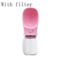 Portable pet water bottle with filter, pink top and clear base, drinking spout open