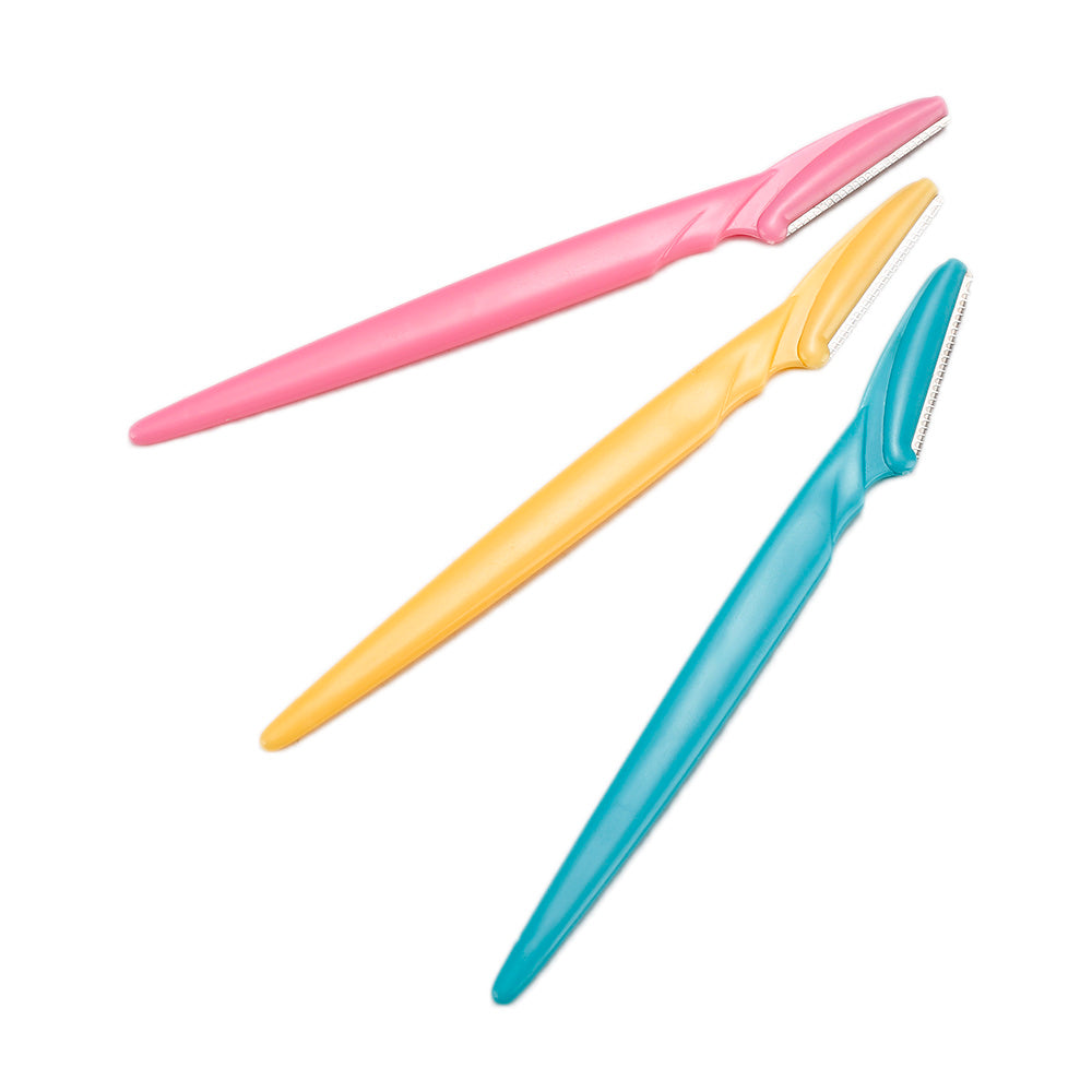 Stainless Steel Eyebrow Shaping Tool Set With 3 Sticks Eyebrow Trimmer Kit In Blue Yellow Pink