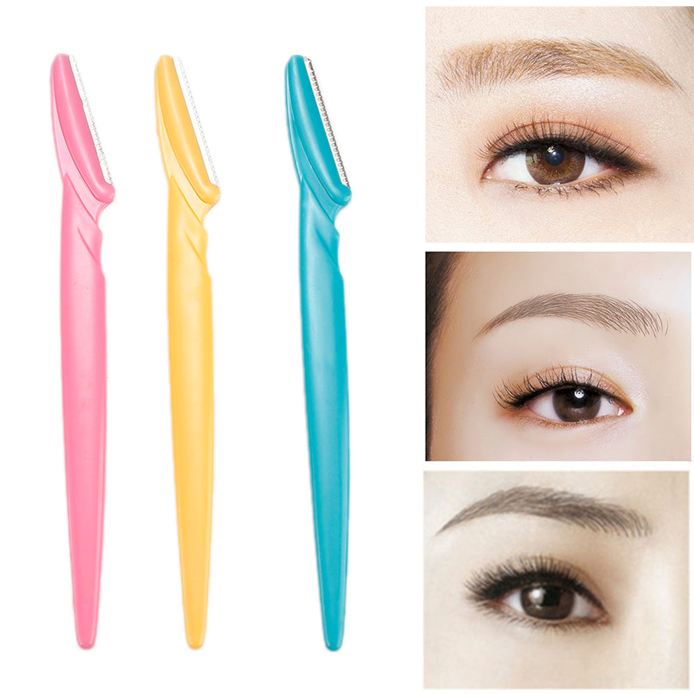 Stainless Steel Eyebrow Shaping Tool Set With 3 Sticks Eyebrow Trimmer Kit In Blue Yellow Pink