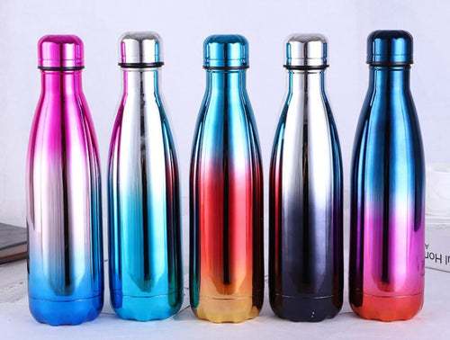 500ml stainless steel insulated water bottles, lineup of five colored gradient bottles