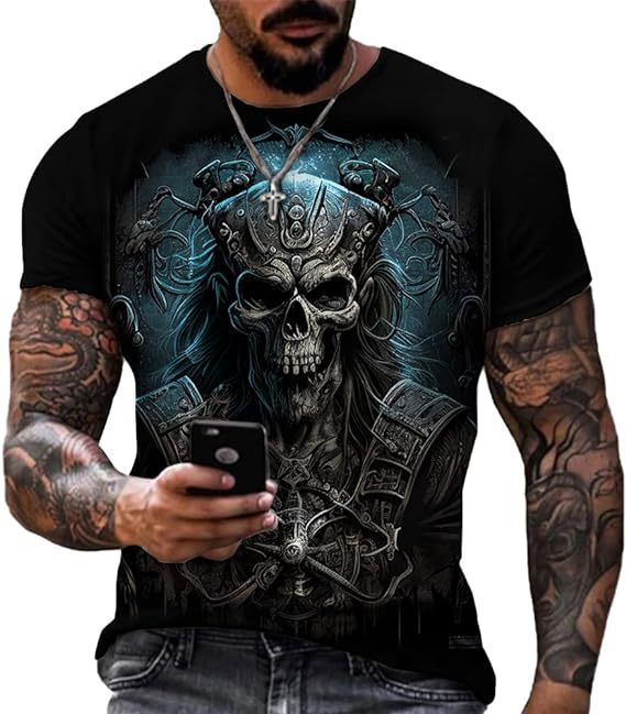 Printed Men's Short Sleeve Skull Head Round Neck T-shirt Hot Selling Short Sleeve