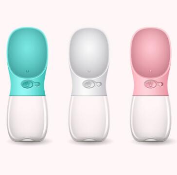 Portable pet water bottles with filter in teal, white, and pink colors