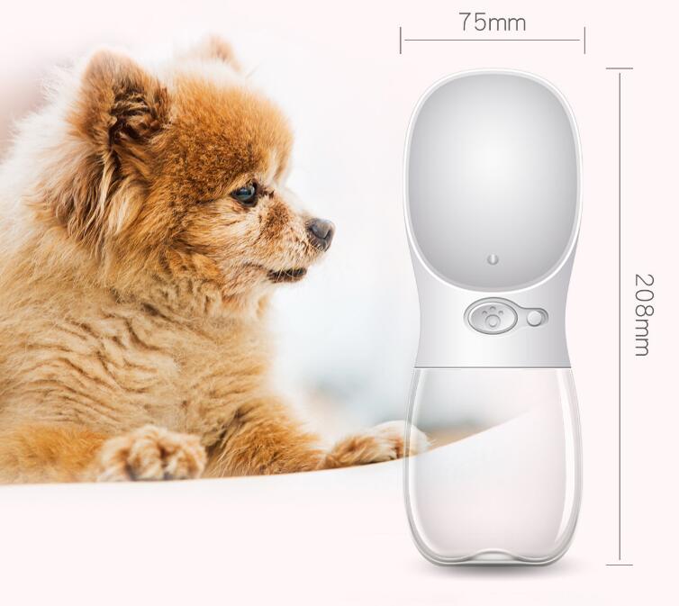 Portable pet water bottle with filter, white bottle with size dimensions shown