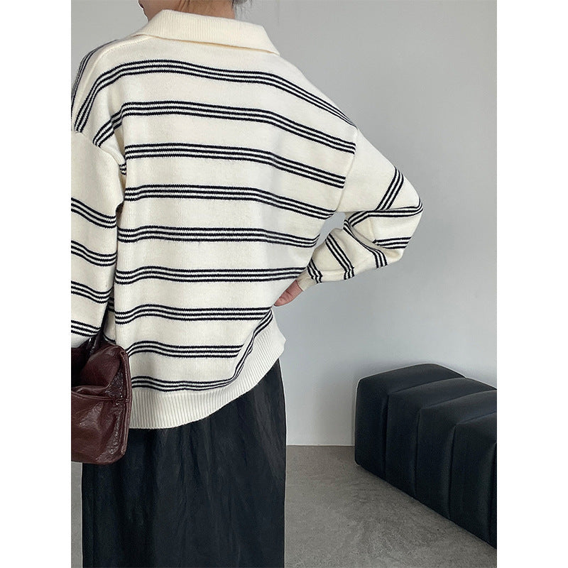 Korean Style Idle Style Polo Collar Loose Striped Knitted Sweater