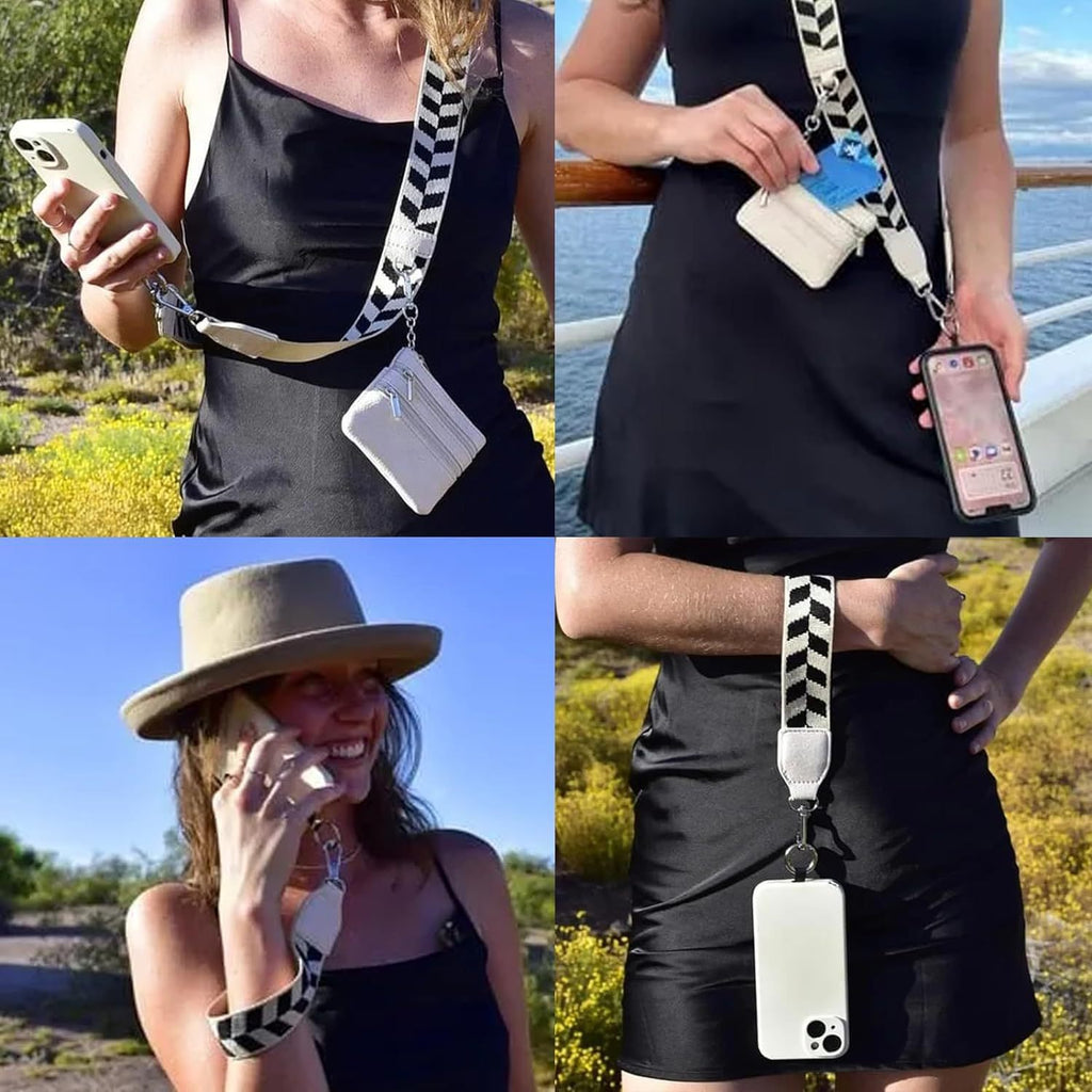 Phone crossbody lanyard with zipper pouch, black-and-white striped strap, light phone case