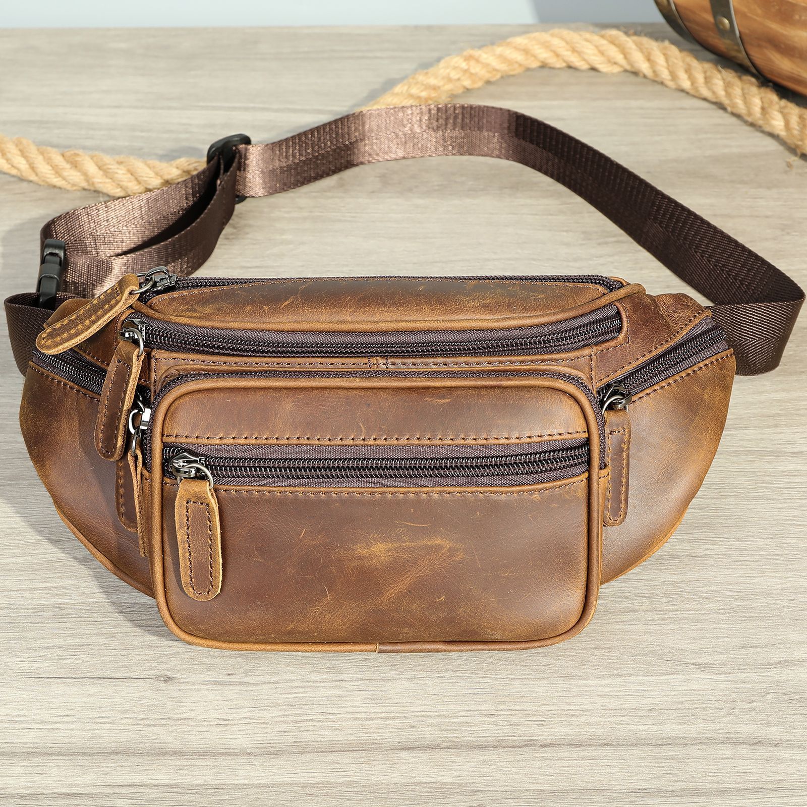 Retro Casual Mens Genuine Leather Belt Bag First Layer Cowhide Wear Resistant Belt Pouch