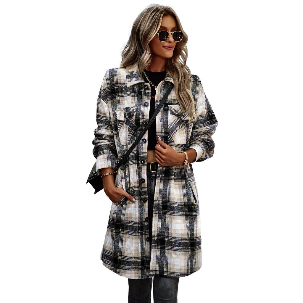 Plaid long cardigan coat in black, cream, and blue with button front and collar
