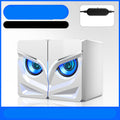 White 2.0 desktop speakers with blue LED ring lights and sculpted front grilles