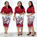 Women’s printed cotton shirt and midi skirt set, wine red blouse with floral midi skirt