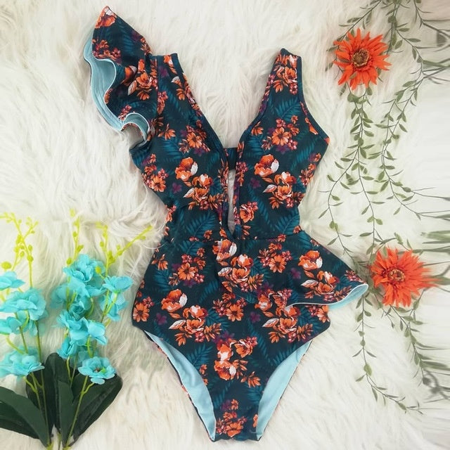 One Piece Swimsuit Women Swimwear Bodysuit Ruffle Beach Wear