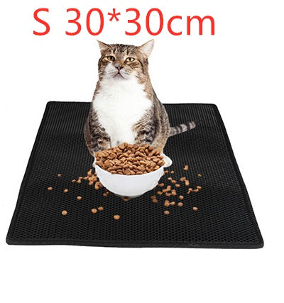 Honeycomb cat litter mat, black honeycomb texture with cat bowl and scattered kibble
