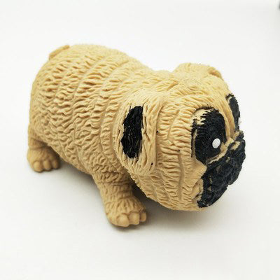 Beige dog stretch toy with black face patch and dot eyes