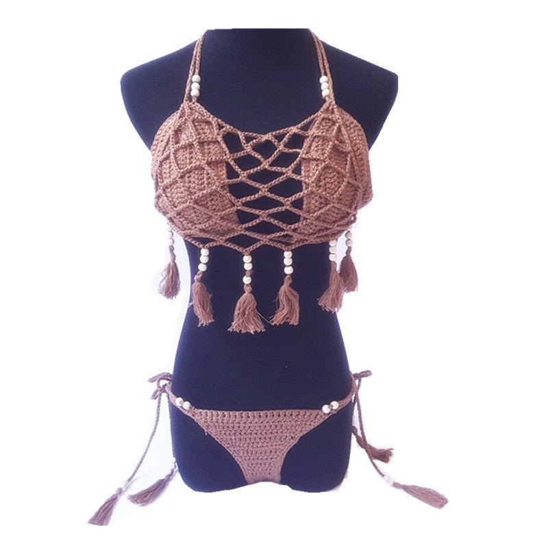 Fringed Three-piece Women's Split Swimwear Hollow Mesh Lace-up Dress