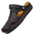 Men's closed-toe leisure sandals, black leather upper with cushioned side cutout