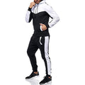 Men's hooded tracksuit set, white and black color-block zip jacket and jogger pants