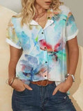 Short-sleeve stand-collar button shirt, blue multicolor watercolor floral print