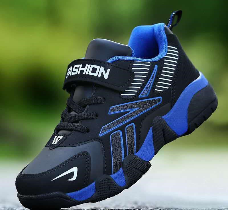 Kids' black mesh sport sneaker with blue trim and lace-up strap