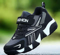 Kids' black mesh sport sneaker with white outsole and lace-up strap