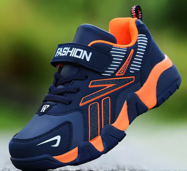 Kids' navy mesh sport sneaker with orange accents and lace-up strap