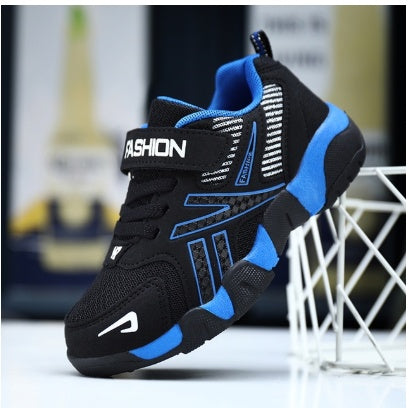 Kids' black mesh sneaker with blue side panels and lace-up strap
