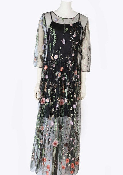 Boho Mesh Floral Two Piece Dress For Women Lace Print Partywear Evening Festive Black Ivory