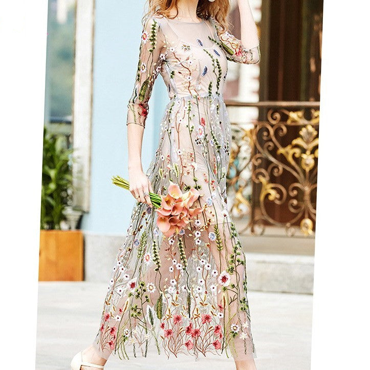 Boho Mesh Floral Two Piece Dress For Women Lace Print Partywear Evening Festive Black Ivory