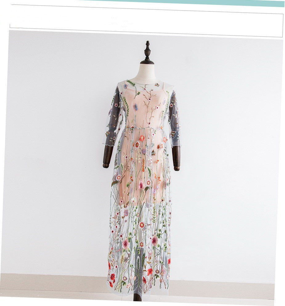 Boho Mesh Floral Two Piece Dress For Women Lace Print Partywear Evening Festive Black Ivory