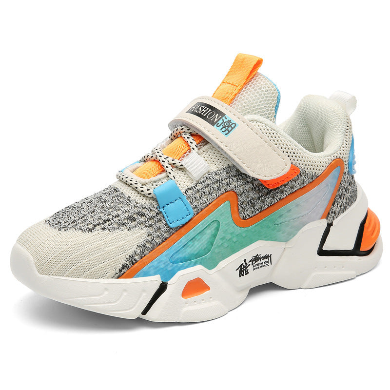 Kids knit sneakers in beige and gray with orange and blue accents, hook-and-loop strap