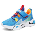 Kids knit sneakers in blue with red, yellow, and orange strap details, white sole