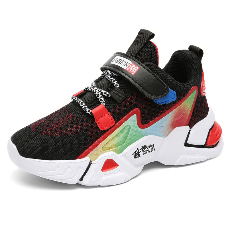 Kids knit sneakers in black with red and blue accents, hook-and-loop strap