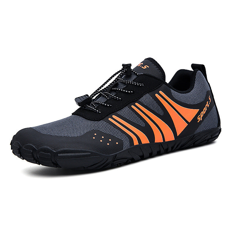 Navy and orange water shoes with mesh upper, lace-up design, and grippy sole