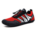 Red and black water shoes with mesh upper, lace-up design, and grippy sole