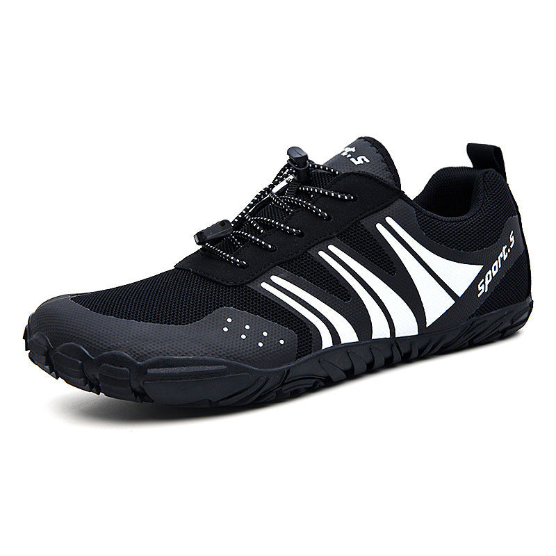 Black water shoes with mesh upper, lace-up design, and white stripe detailing