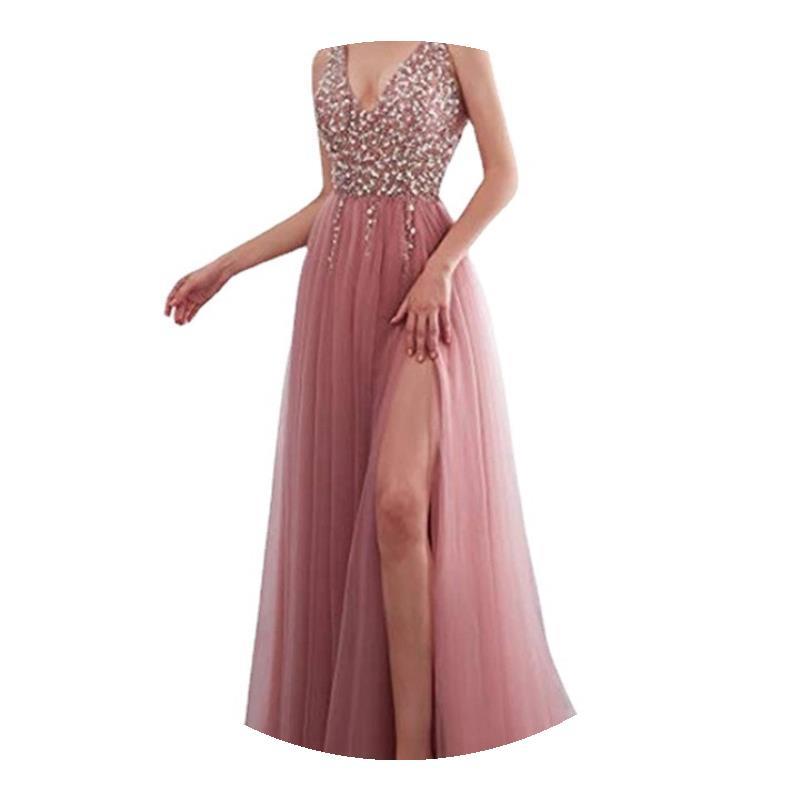 Deep V Neck Long Princess Dress For Women Slim Fit Club Wedding Dress In Pink Or Blue