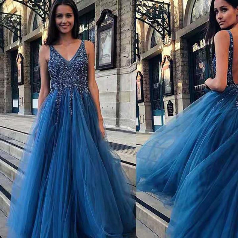 Deep V Neck Long Princess Dress For Women Slim Fit Club Wedding Dress In Pink Or Blue