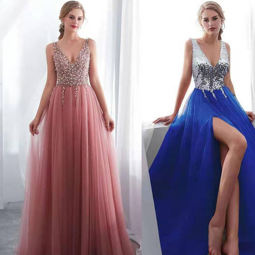 Deep V Neck Long Princess Dress For Women Slim Fit Club Wedding Dress In Pink Or Blue