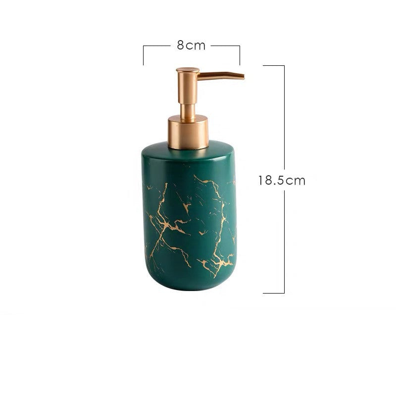 Marble-pattern dispenser bottle with gold pump; dark green bottle with golden veins