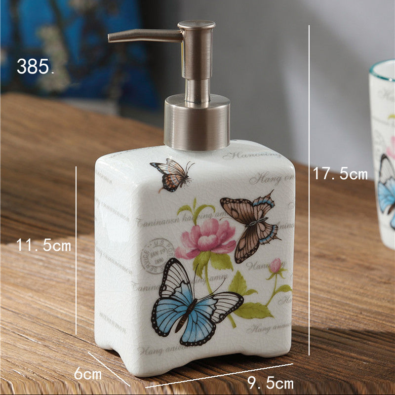 Hand-painted ceramic lotion/soap dispenser bottle, white square with butterflies and silver pump