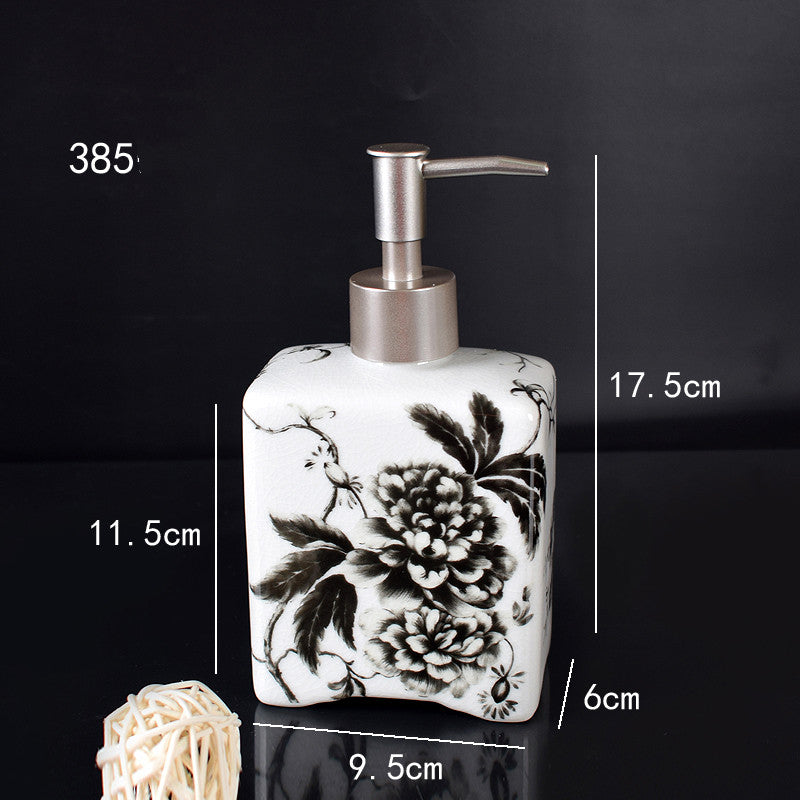 Hand-painted ceramic lotion/soap dispenser bottle, white square with floral bird illustration and silver pump