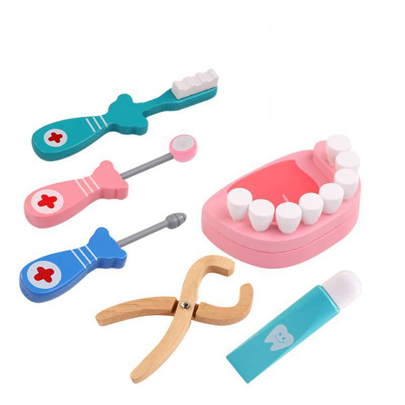 Doctor toy set dental tools with pink and blue toothbrush pieces and mouth tray