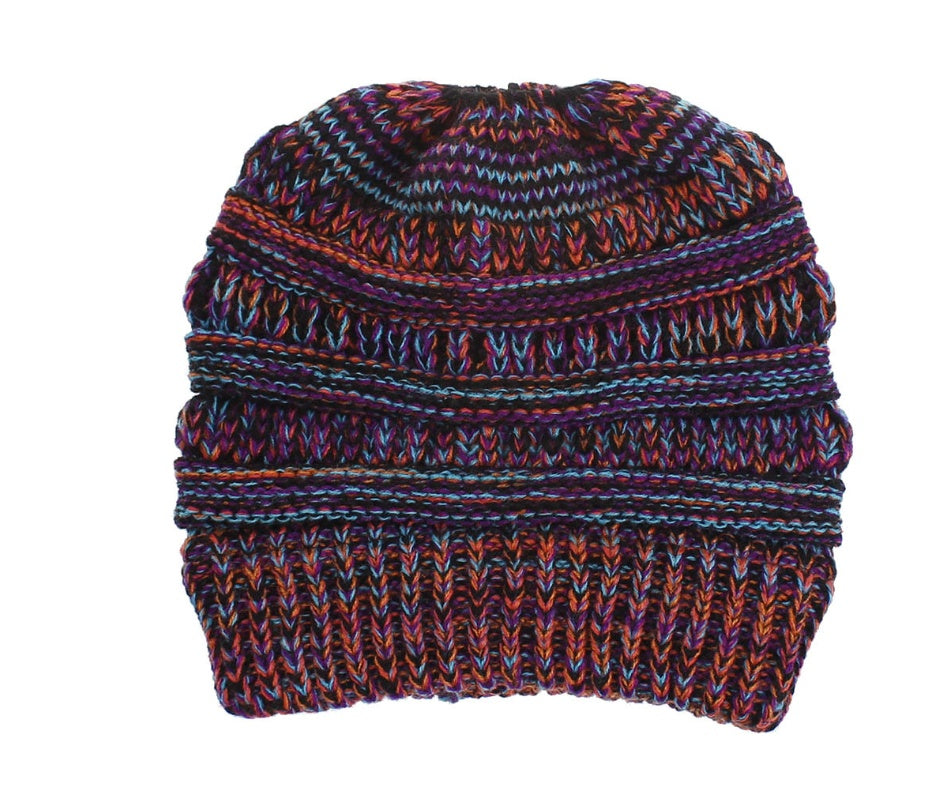 Mixed Color Knitted Wool Beanie - Ladies Ponytail Hat