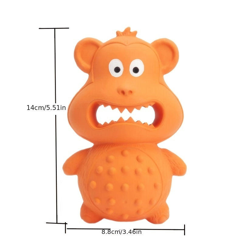 Orange rubber monkey chew toy with wide open mouth and raised bite nubs